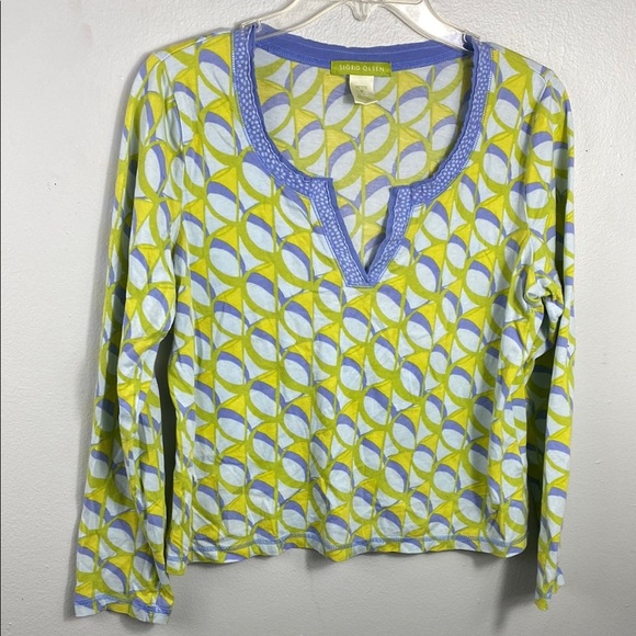 Sigrid Olsen Green and Yellow Fitted Graphic Blouse - Picture 1 of 5